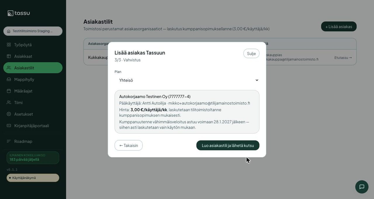Asiakastilin luonti: vahvistus hintoineen