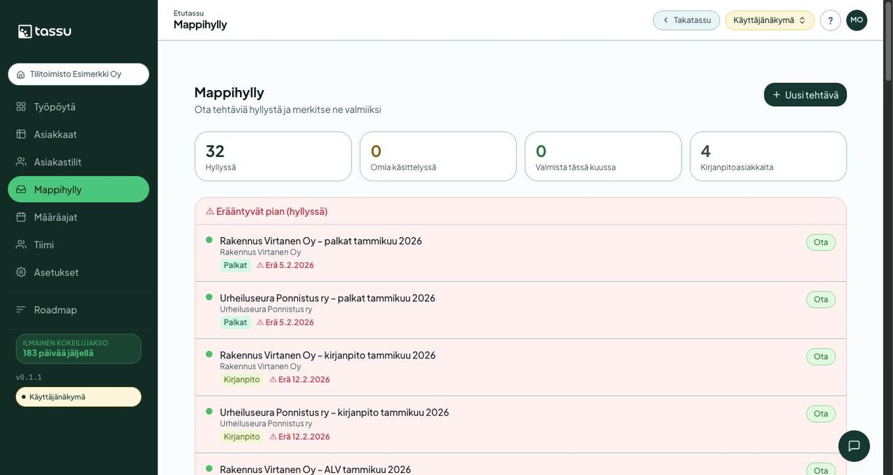 Mappihylly — toimiston työjono eräpäivineen